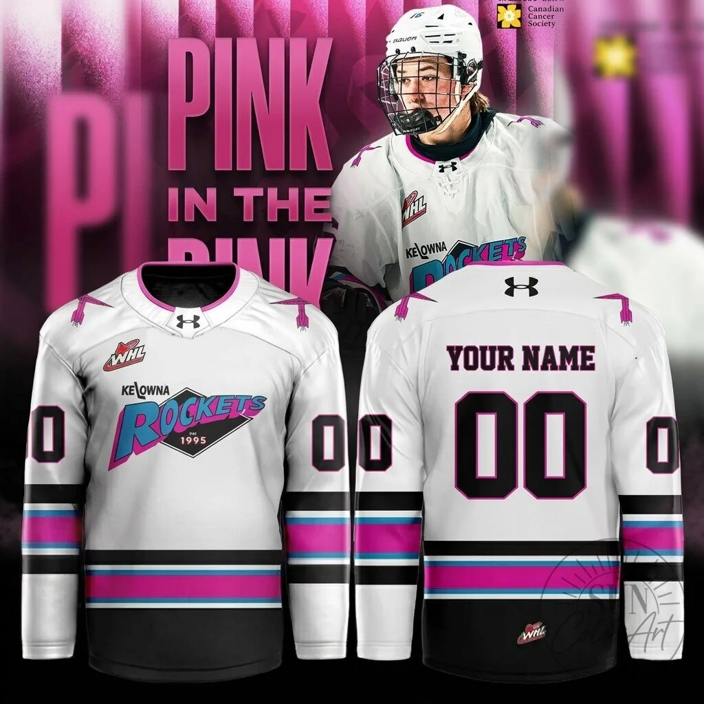 Kelowna Rockets Pink in the Rink Personalized Hockey Jersey 3 Kelowna Rockets Pink in the Rink Personalized Hockey Jersey