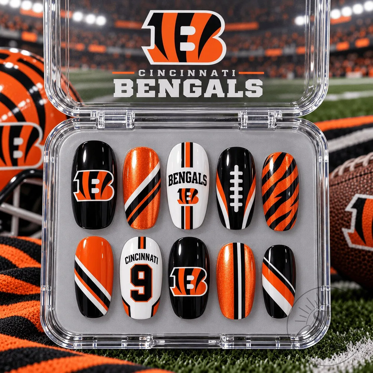 Cincinnati Bengals Football Team Logo and Stripes Design Press-On Nails Set 1 Cincinnati Bengals Football Team Logo and Stripes Design Press-On Nails Set