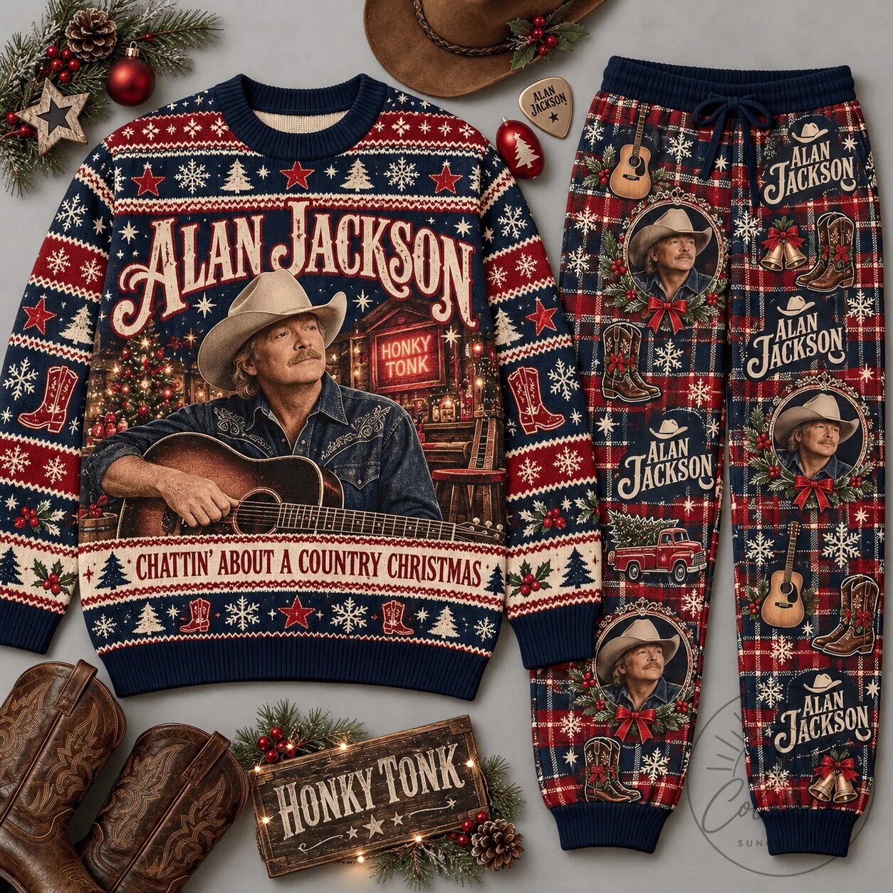 Alan Jackson Chatting About A Country Christmas Ugly Sweater and Joggers Pajamas Set