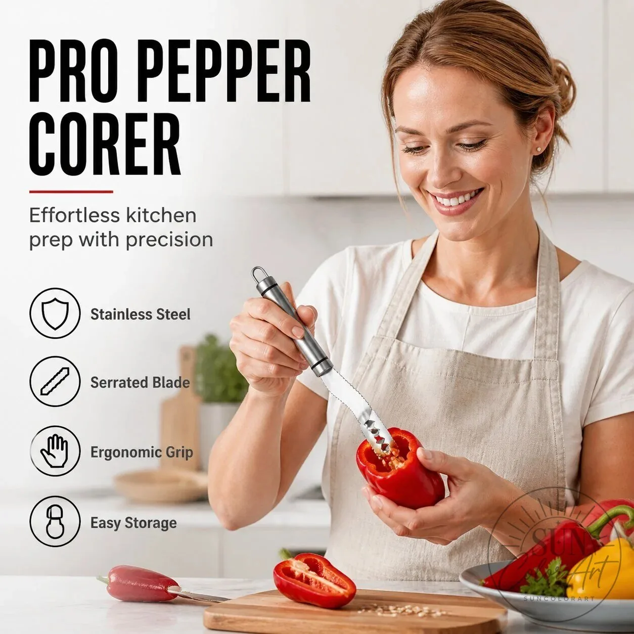 Stainless Steel Pepper Corer Tool with Serrated Blade and Ergonomic Grip 1 Stainless Steel Pepper Corer Tool with Serrated Blade and Ergonomic Grip