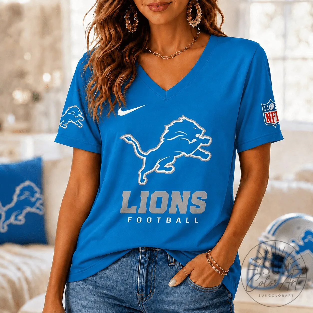 Detroit Lions National Football League Women's Blue V-Neck Short Sleeve T-Shirt 2 Detroit Lions National Football League Women's Blue V-Neck Short Sleeve T-Shirt