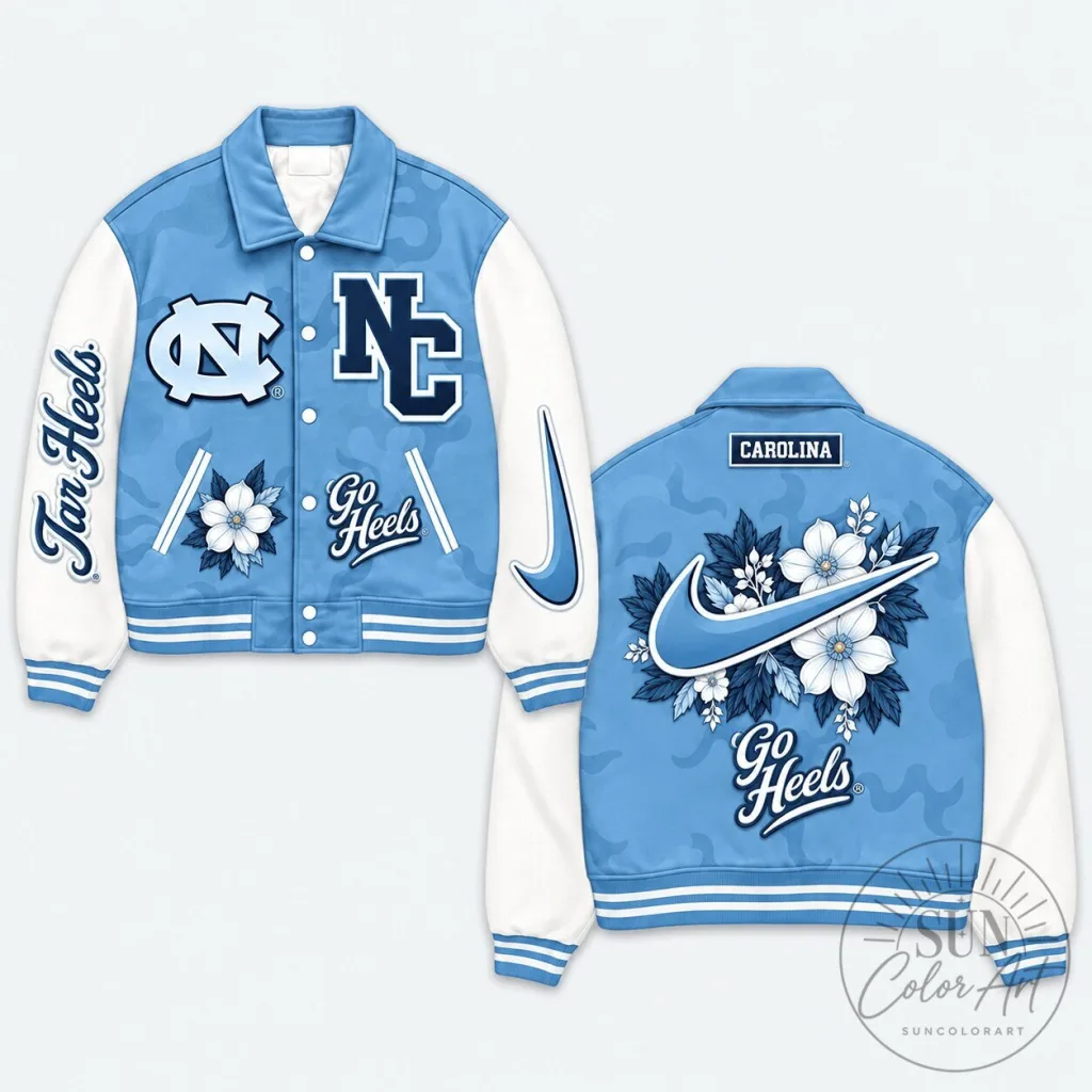 North Carolina Tar Heels Floral Design Light Blue Varsity Jacket North Carolina Tar Heels Floral Design Light Blue Varsity Jacket