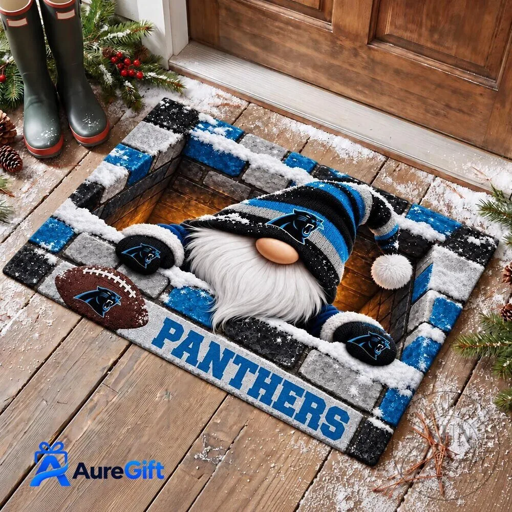 Carolina Panthers Football Gnome Winter Holiday Doormat 1 Carolina Panthers Football Gnome Winter Holiday Doormat