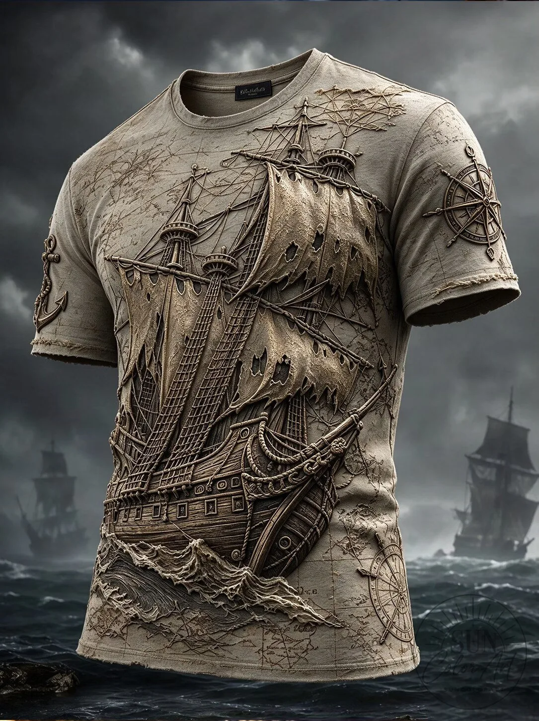 Vintage Pirate Ship Sailing Ocean Adventure Graphic Short Sleeve T-Shirt