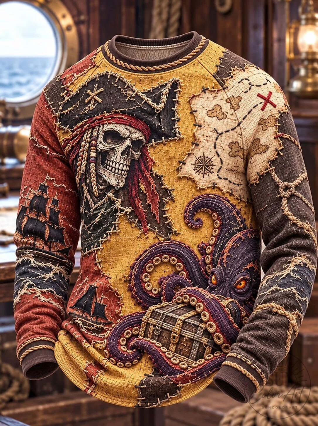 Pirate Skull and Octopus Treasure Map Patchwork Men's Sweatshirt 5 Pirate Skull and Octopus Treasure Map Patchwork Men