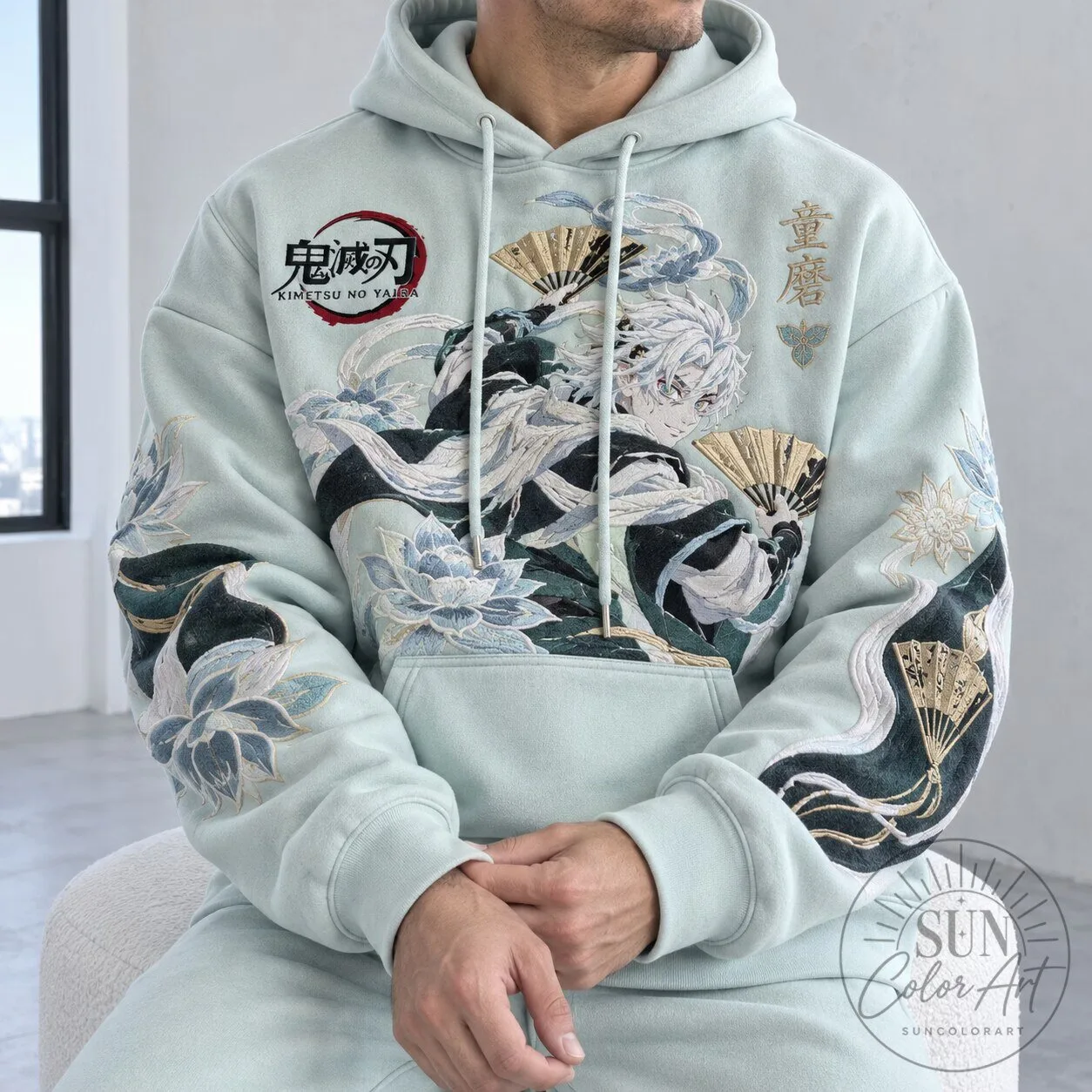Demon Slayer Douma Anime Embroidered Mint Green Hoodie 2 Demon Slayer Douma Anime Embroidered Mint Green Hoodie