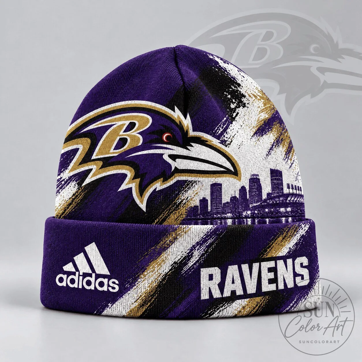 Baltimore Ravens NFL Urban Skyline Distressed Brushstroke Knit Beanie Cap Hat