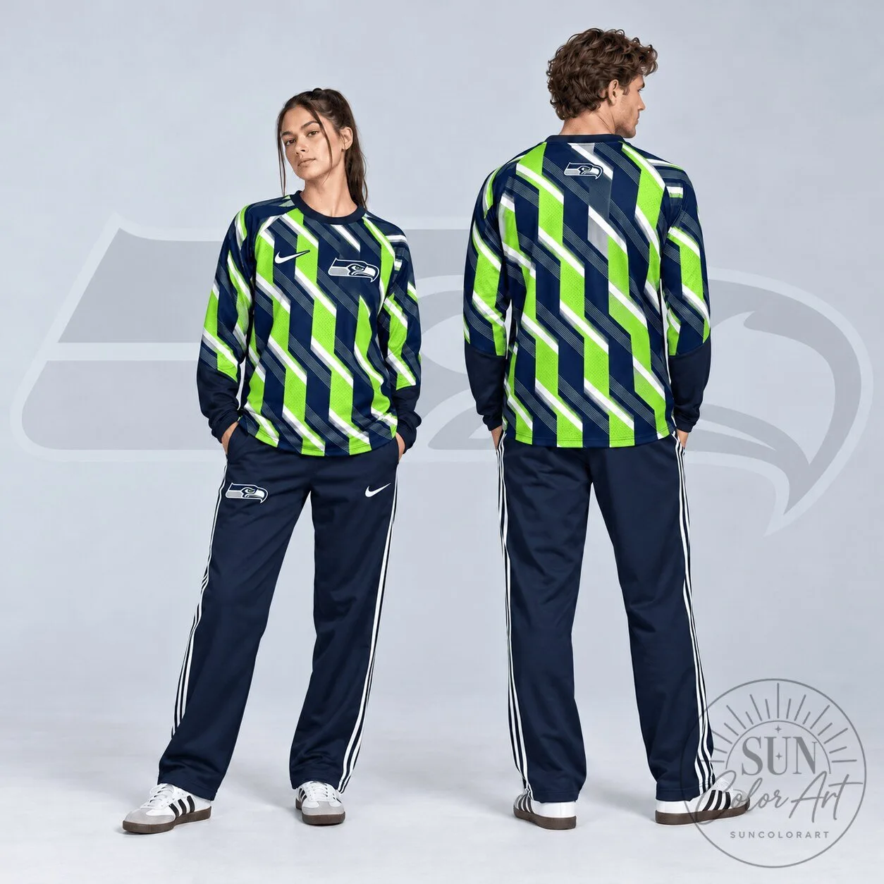 Seattle Seahawks Diagonal Stripe Long Sleeve Crewneck Shirt and Track Pants Set