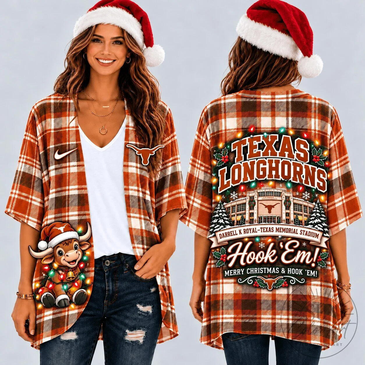 Texas Longhorns Christmas Plaid Women's Kimono Cardigan