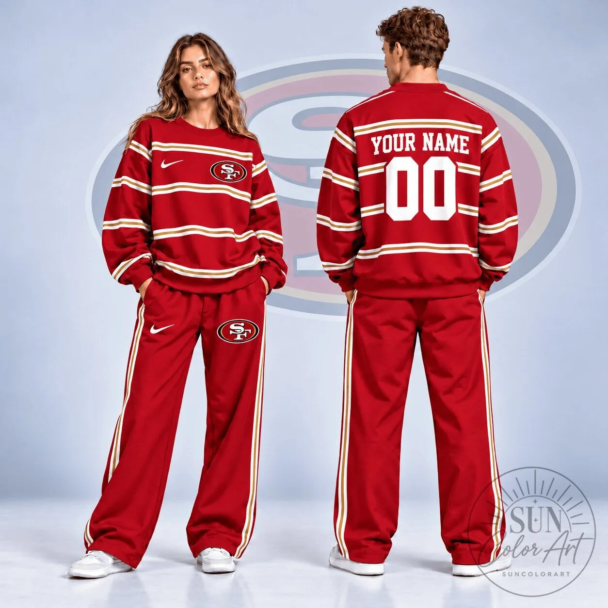 San Francisco 49ers Personalized Red and White Striped Crewneck Sweatshirt