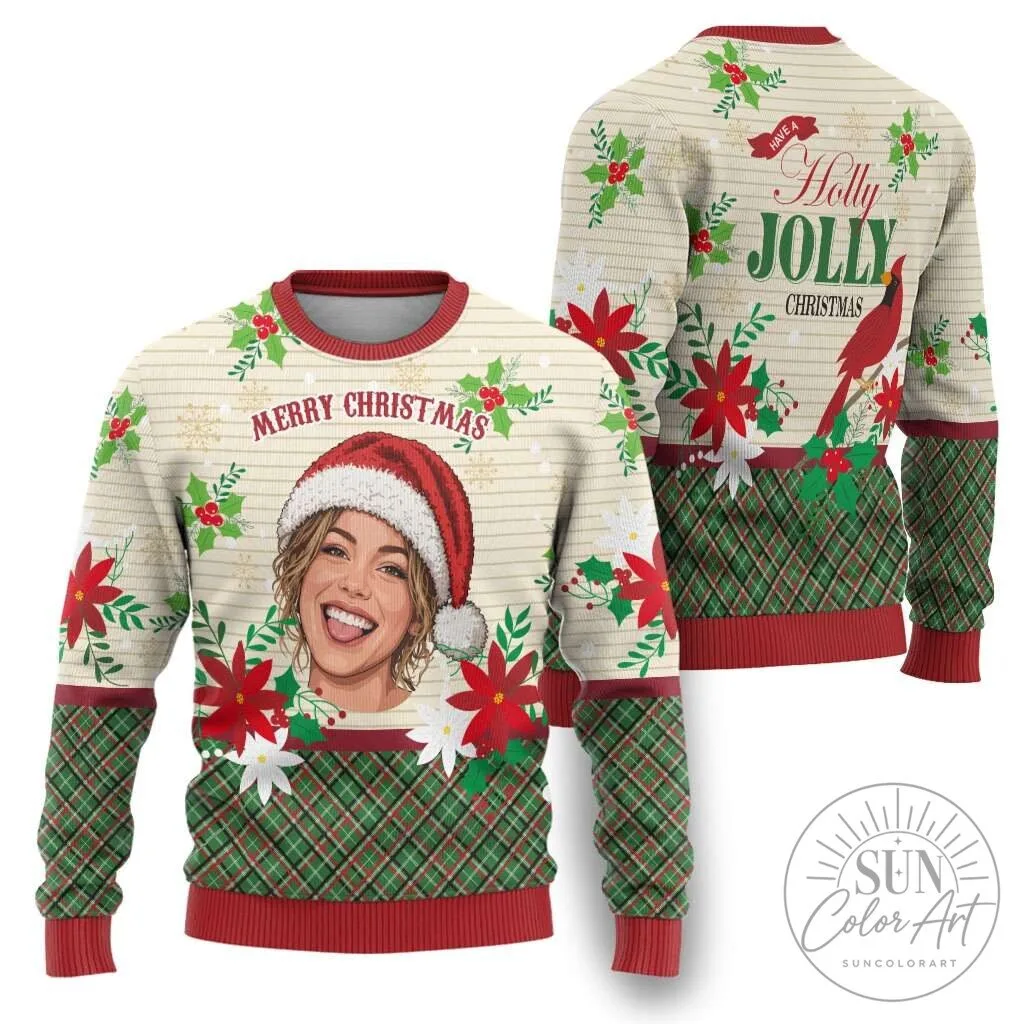 Personalized Photo Christmas Holly Jolly Knitted Sweatshirt