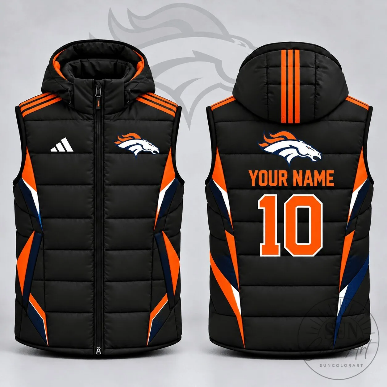 Denver Broncos Custom Name Number Athletic Stripe Hooded Puffer Vest Jacket 8 Denver Broncos Custom Name Number Athletic Stripe Hooded Puffer Vest Jacket