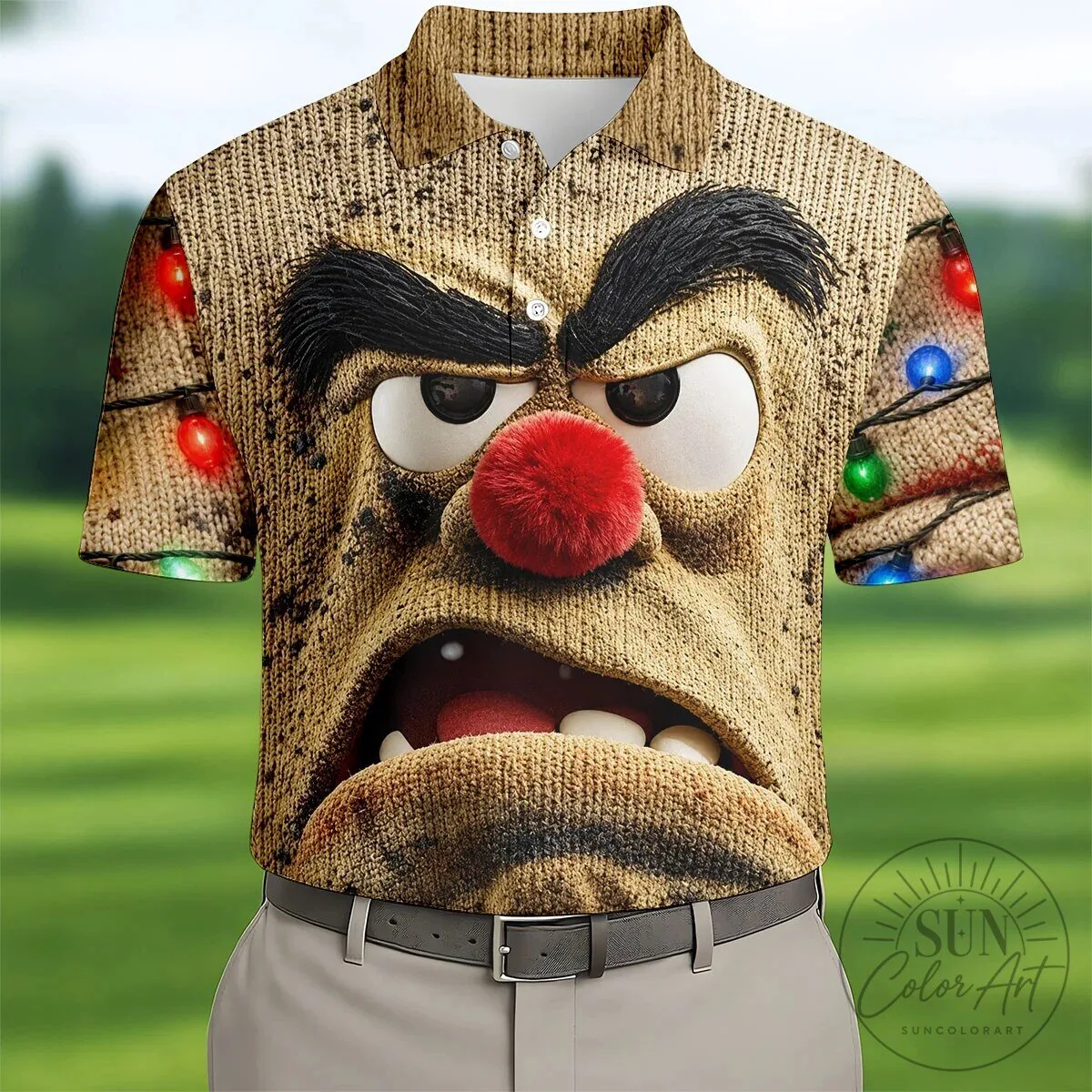 Grumpy Reindeer Lights Christmas Golf Polo Shirt for Men