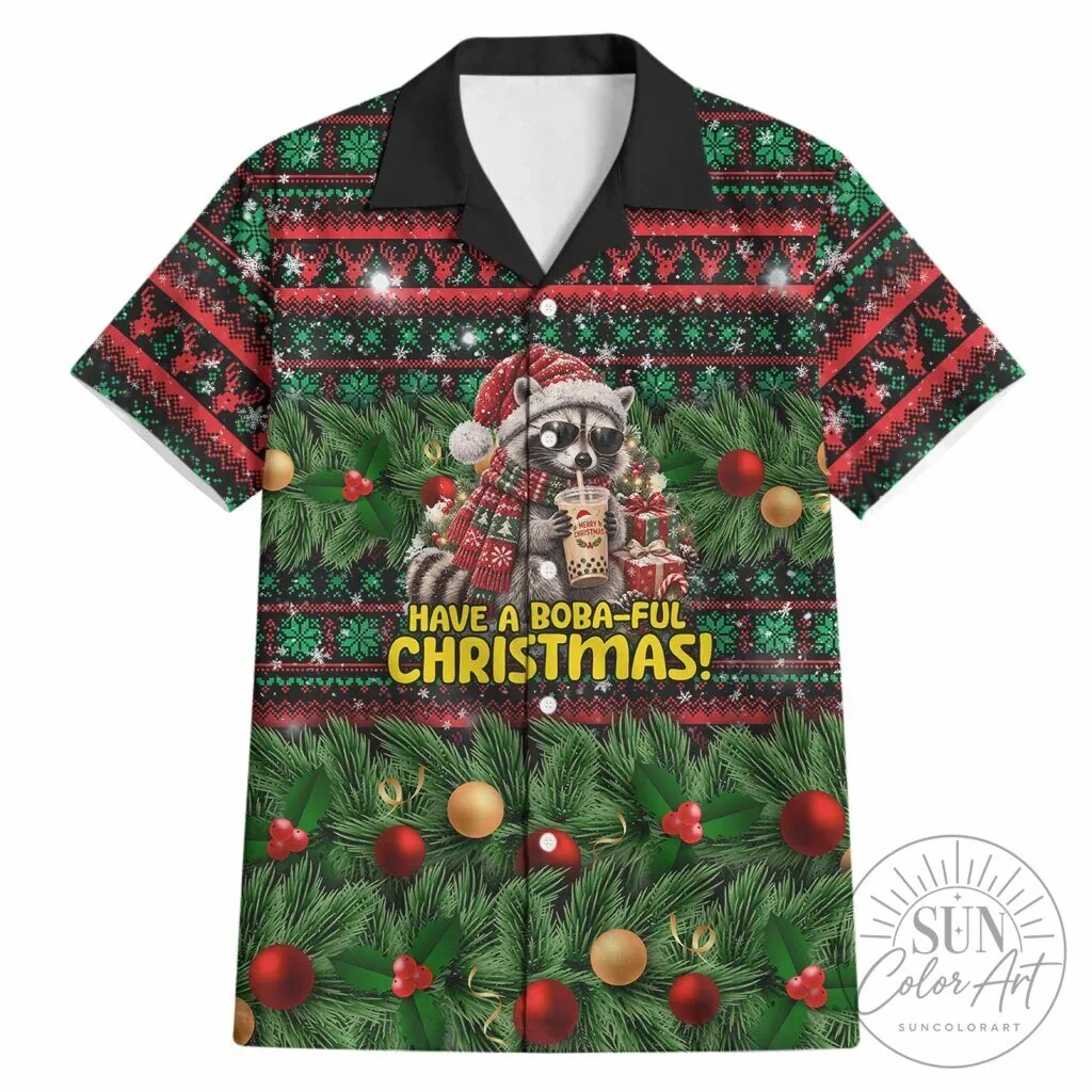 Christmas Raccoon Drinking Boba Tea Funny Holiday Hawaiian Shirt