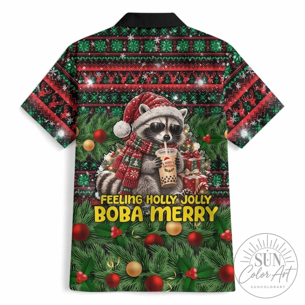 Christmas Raccoon Drinking Boba Tea Funny Holiday Hawaiian Shirt 9 Christmas Raccoon Drinking Boba Tea Funny Holiday Hawaiian Shirt
