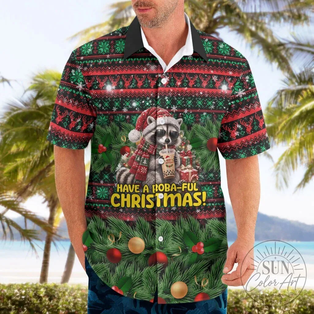Christmas Raccoon Drinking Boba Tea Funny Holiday Hawaiian Shirt 10 Christmas Raccoon Drinking Boba Tea Funny Holiday Hawaiian Shirt