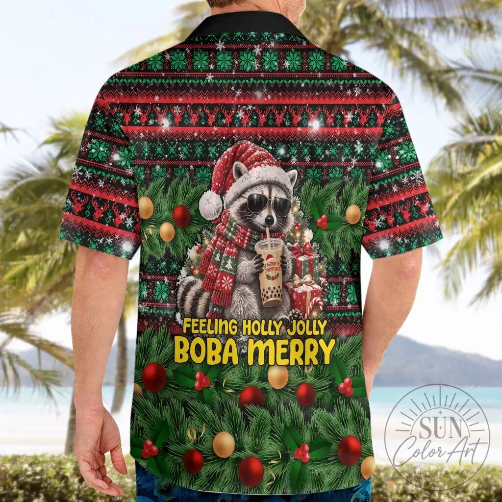 Christmas Raccoon Drinking Boba Tea Funny Holiday Hawaiian Shirt 11 Christmas Raccoon Drinking Boba Tea Funny Holiday Hawaiian Shirt