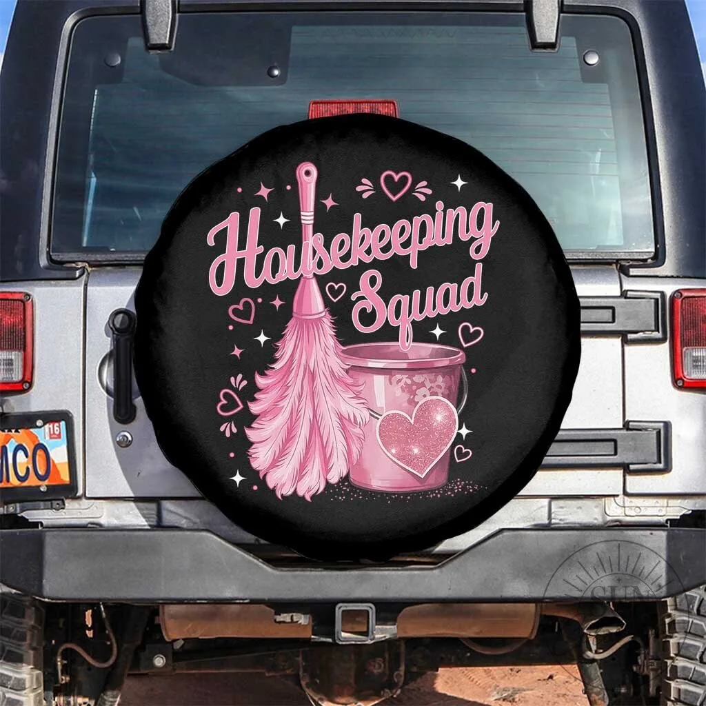 Housekeeping Squad Pink Feather Duster Maid Appreciation Spare Tire Cover