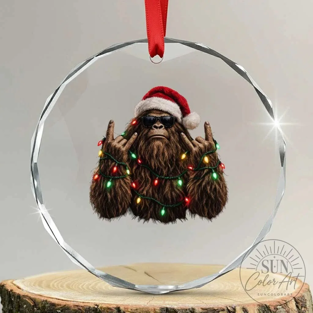 Christmas Bigfoot Sasquatch Rock And Roll Holiday Crystal Glass Ornament
