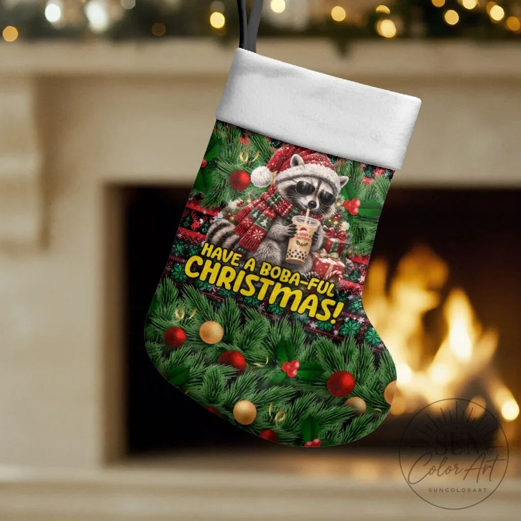 Funny Raccoon Drinking Boba Tea Christmas Stocking Holiday Decor