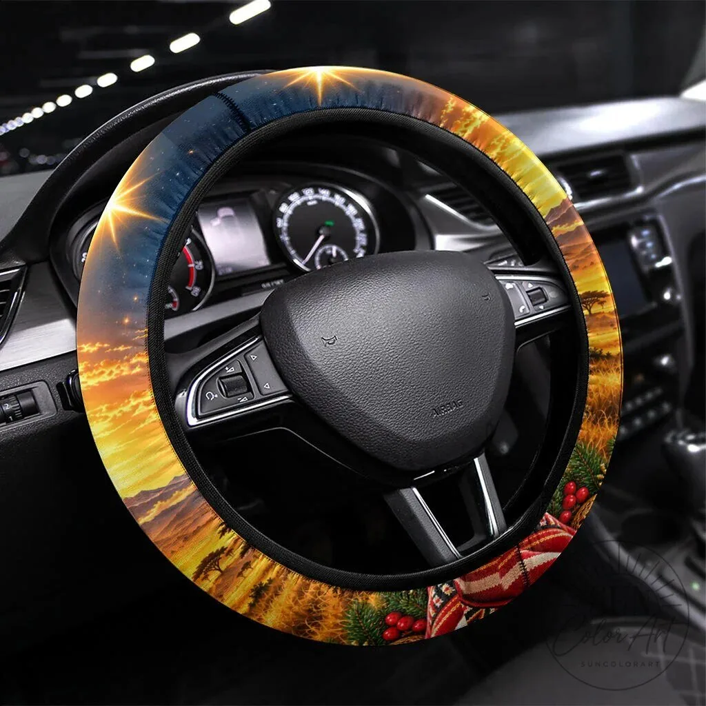 African Holy Family Christmas Steering Wheel Cover Savanna Sunset Baby Jesus