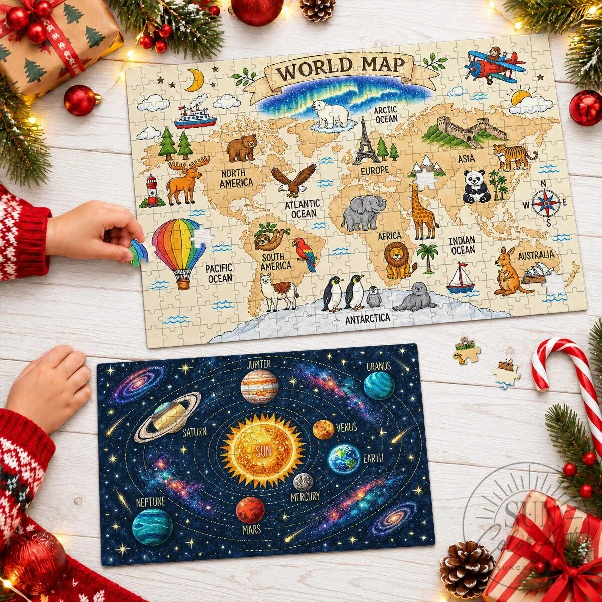 World Map and Solar System Educational Jigsaw Puzzle for Children