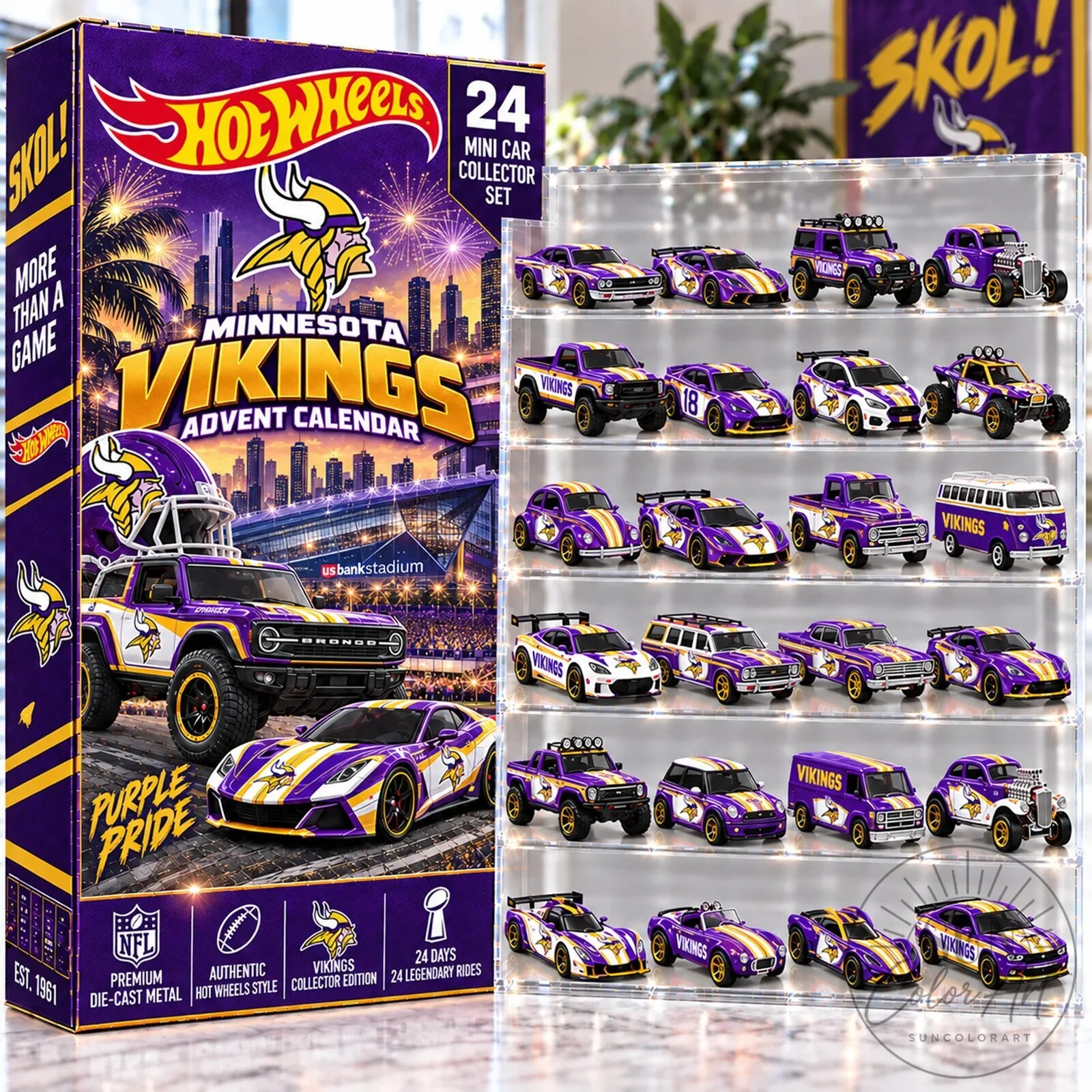 Minnesota Vikings Hot Wheels 24 Mini Car Collector Set Advent Calendar 2D