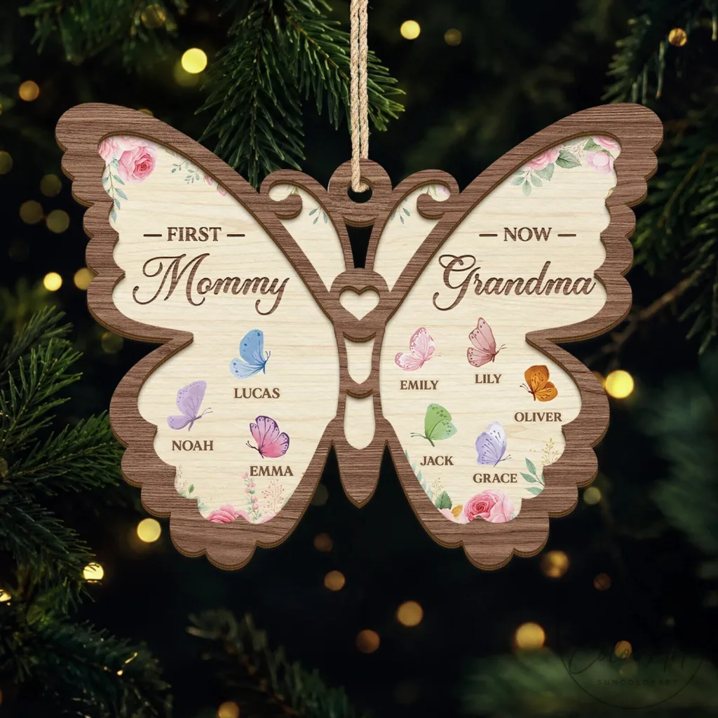 Personalized First Mommy Now Grandma Butterfly Wooden Christmas Ornament Personalized First Mommy Now Grandma Butterfly Wooden Christmas Ornament