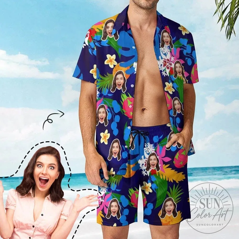 Custom Face Tropical Colorful Hawaiian Shirt and Shorts Set for Summer Holiday 9 Custom Face Tropical Colorful Hawaiian Shirt and Shorts Set for Summer Holiday