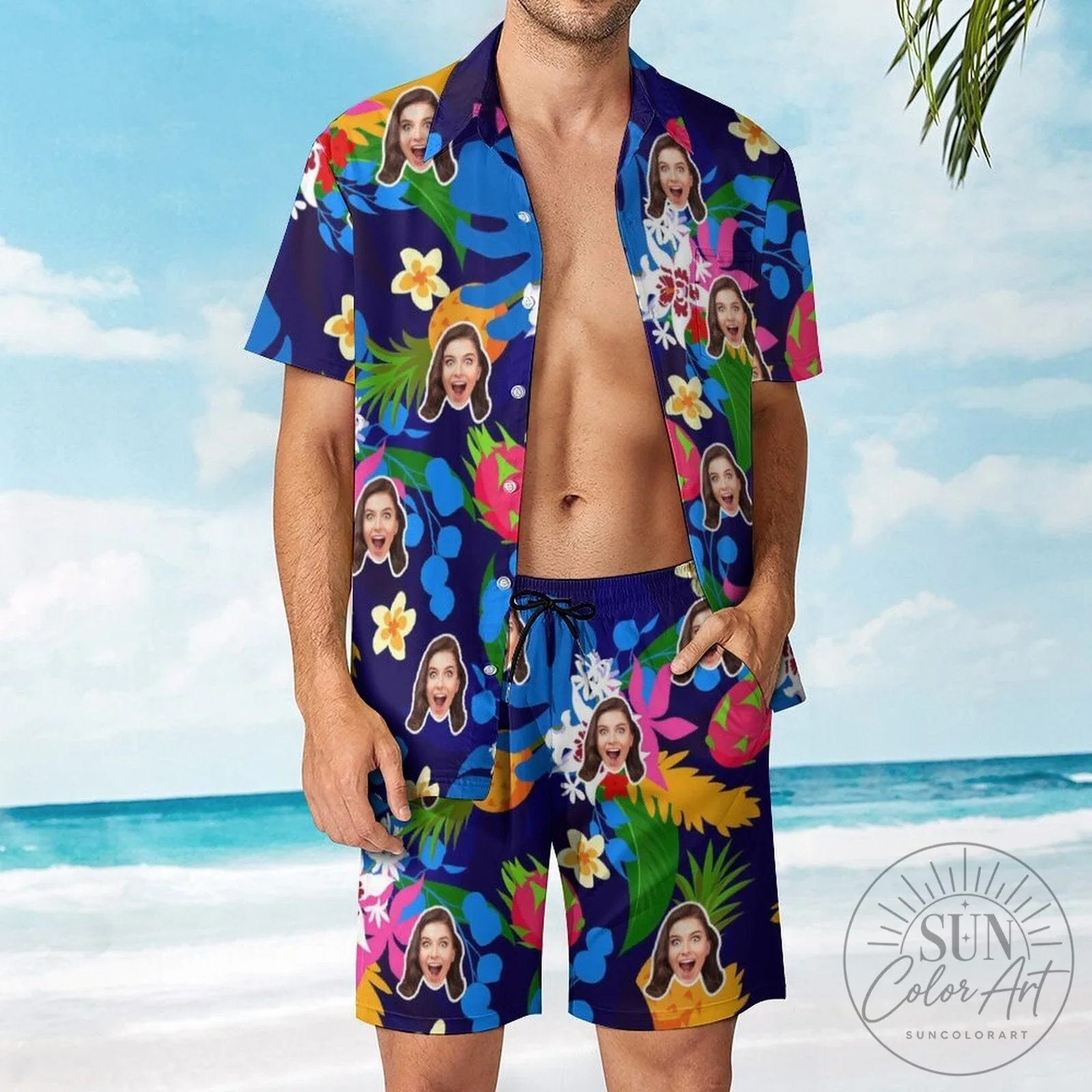 Custom Face Tropical Colorful Hawaiian Shirt and Shorts Set for Summer Holiday 11 Custom Face Tropical Colorful Hawaiian Shirt and Shorts Set for Summer Holiday