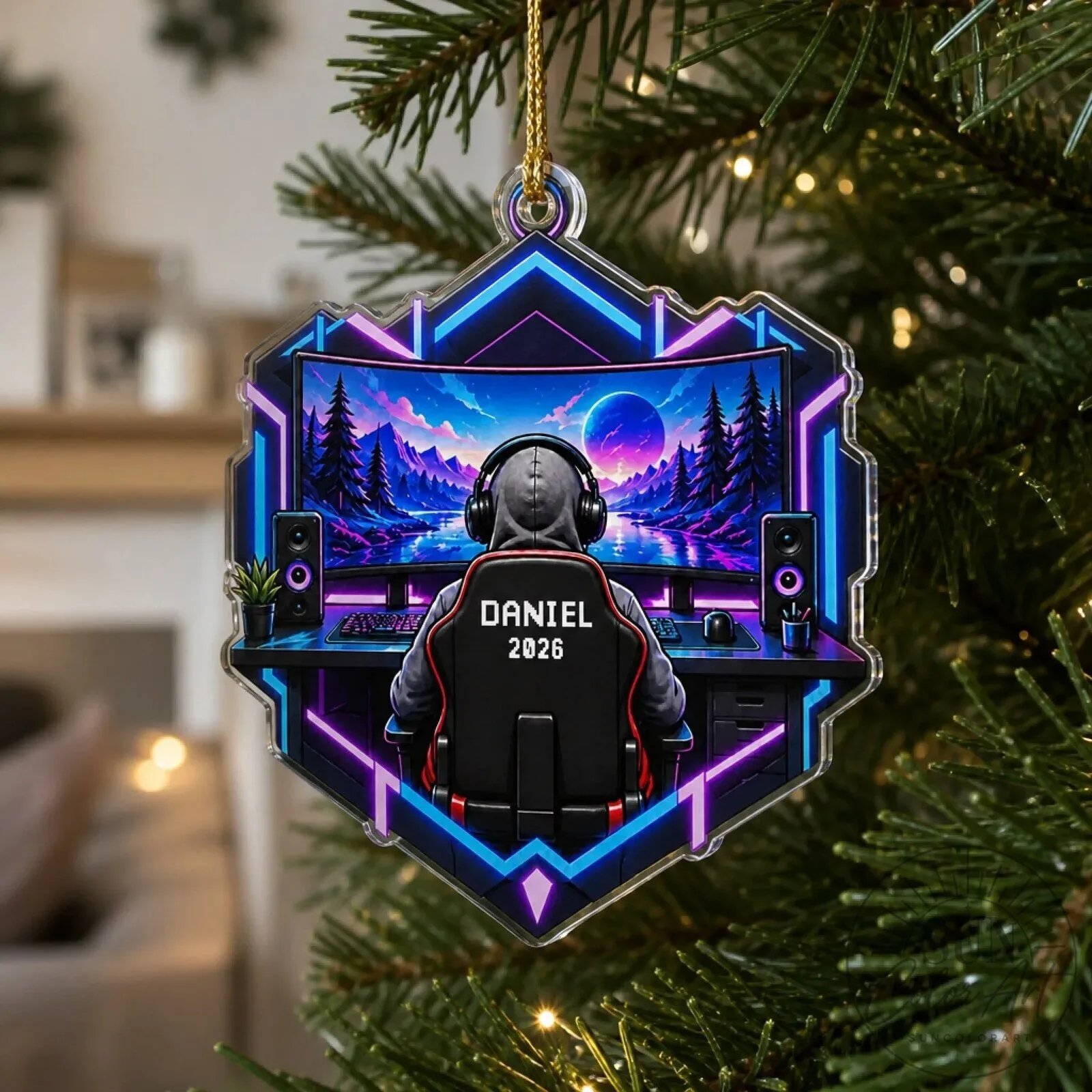 Personalized Gamer Christmas Ornament, Custom Gaming Setup Holiday Tree Decoration