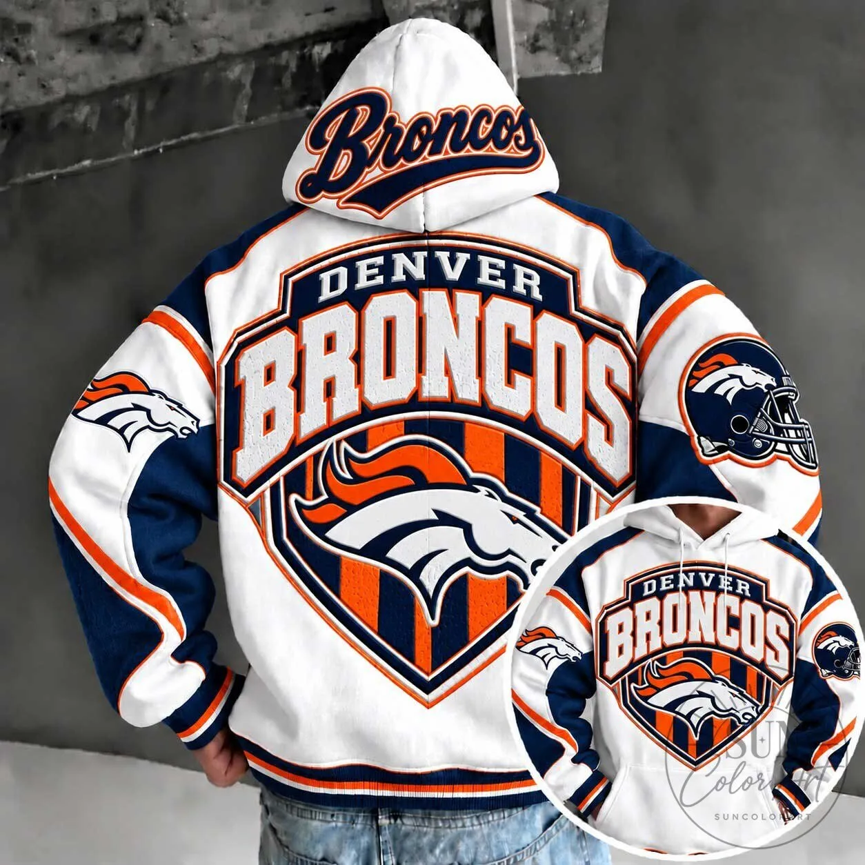 Denver Broncos Football Team Logo White and Blue Fan Hoodie 3 Denver Broncos Football Team Logo White and Blue Fan Hoodie