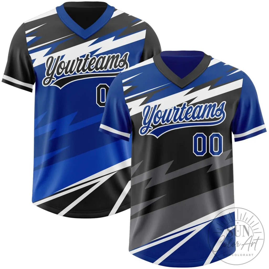 Custom Royal Blue Black Lightning Geometric Zigzag Reversible Pullover Baseball Jersey Custom Royal Blue Black Lightning Geometric Zigzag Reversible Pullover Baseball Jersey