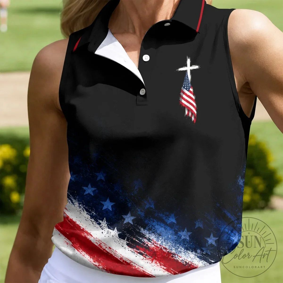 American Flag Cross Patriotic Sleeveless Polo Shirt for Women 15 American Flag Cross Patriotic Sleeveless Polo Shirt for Women