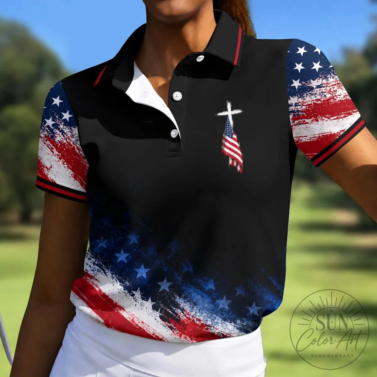 American Flag Cross Patriotic Sleeveless Polo Shirt for Women 16 American Flag Cross Patriotic Sleeveless Polo Shirt for Women