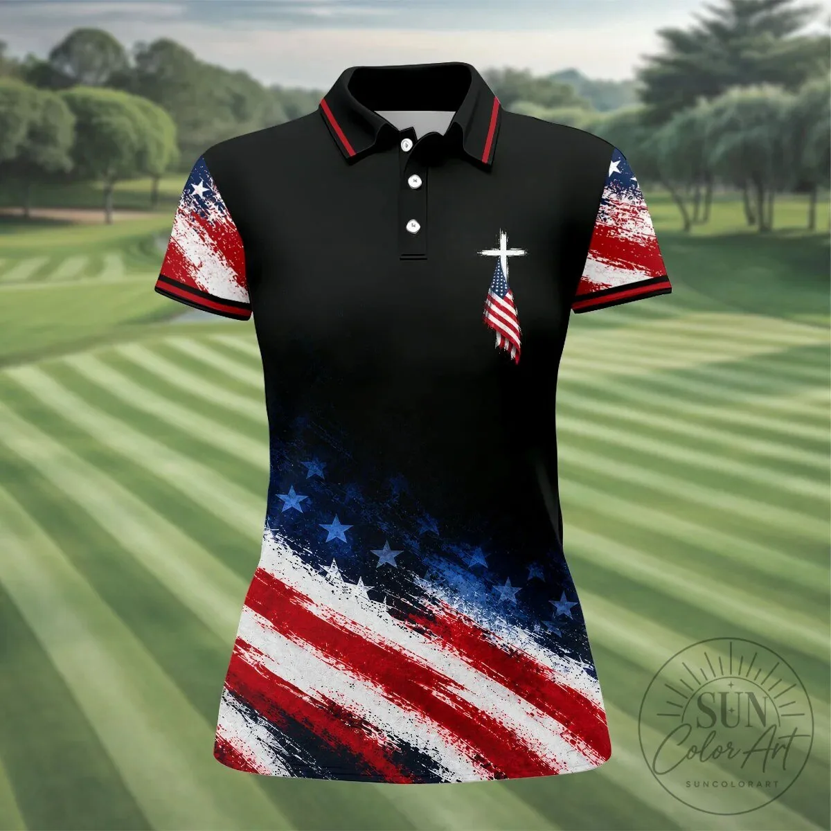 American Flag Cross Patriotic Sleeveless Polo Shirt for Women 17 American Flag Cross Patriotic Sleeveless Polo Shirt for Women