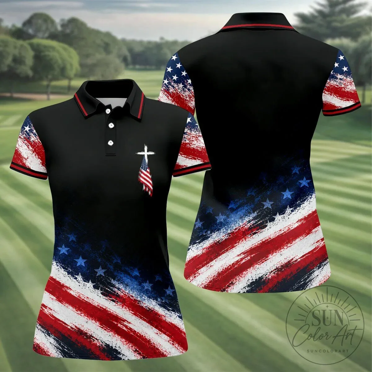 American Flag Cross Patriotic Sleeveless Polo Shirt for Women 18 American Flag Cross Patriotic Sleeveless Polo Shirt for Women