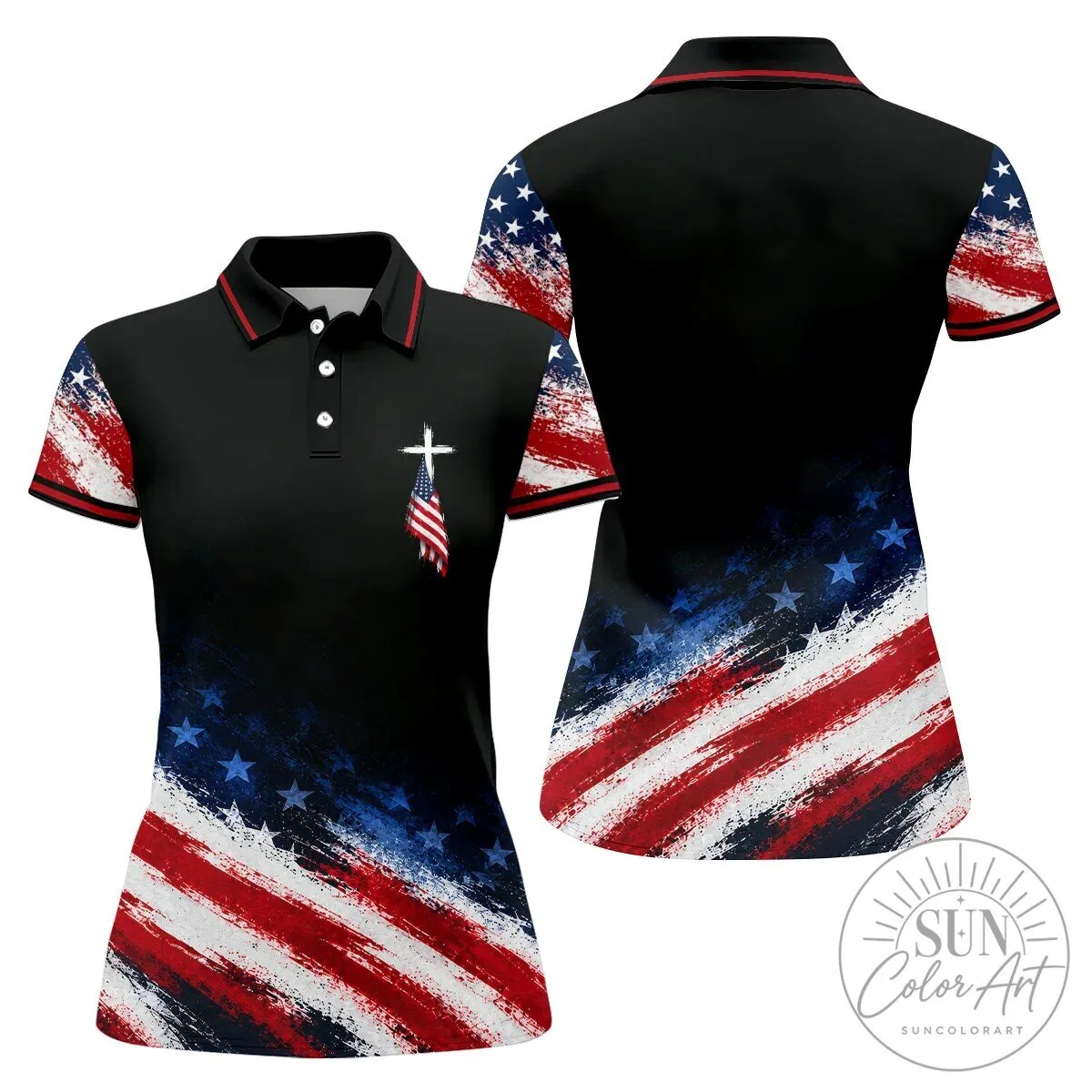 American Flag Cross Patriotic Sleeveless Polo Shirt for Women 20 American Flag Cross Patriotic Sleeveless Polo Shirt for Women