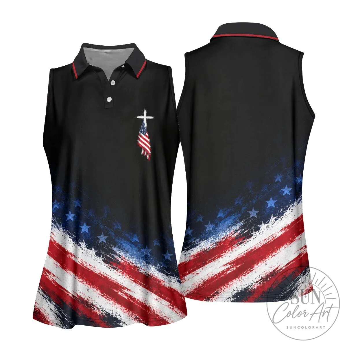 American Flag Cross Patriotic Sleeveless Polo Shirt for Women 21 American Flag Cross Patriotic Sleeveless Polo Shirt for Women
