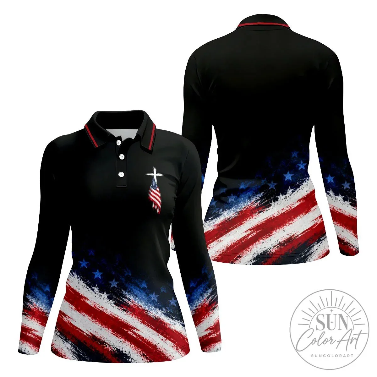 American Flag Cross Patriotic Sleeveless Polo Shirt for Women 22 American Flag Cross Patriotic Sleeveless Polo Shirt for Women